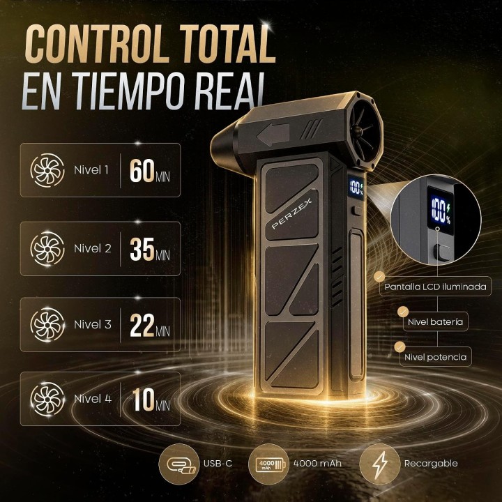 Perzex Soplador Aire 130000 RPM 62 m/s USB-C 4000 mAh con Kit Limpieza