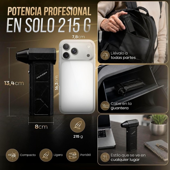 Perzex Soplador Aire 130000 RPM 62 m/s USB-C 4000 mAh con Kit Limpieza