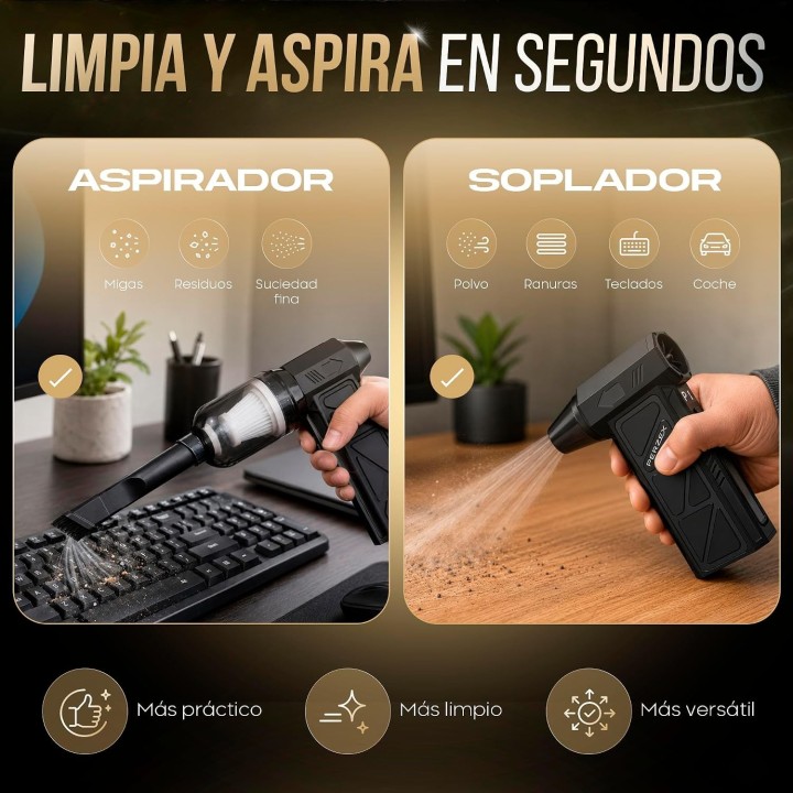Perzex Soplador Aire 130000 RPM 62 m/s USB-C 4000 mAh con Kit Limpieza