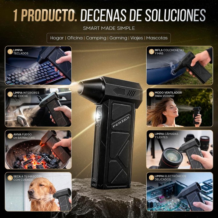 Perzex Soplador Aire 130000 RPM 62 m/s USB-C 4000 mAh con Kit Limpieza