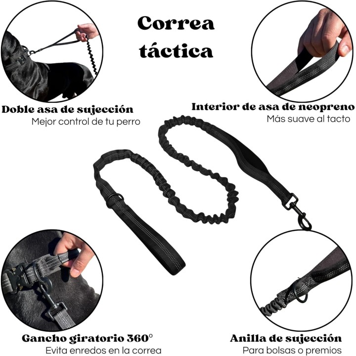 Collar Táctico con Correa para Perro  Asa Reforzada, Hebilla Metal, Amortiguador Tirones