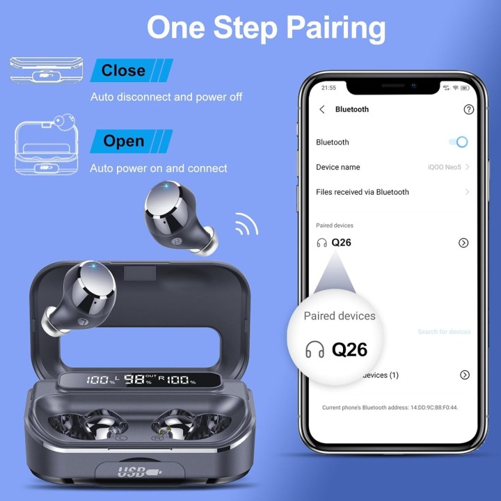 Auriculares Bluetooth Q26 5.3 con 128H, Graves Potentes, IP7 y Pantalla LED