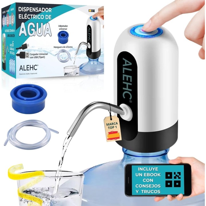 Alehc Dispensador de Agua USB-C Recargable, Portátil y Compatible 2L-20L para Hogar y Camping