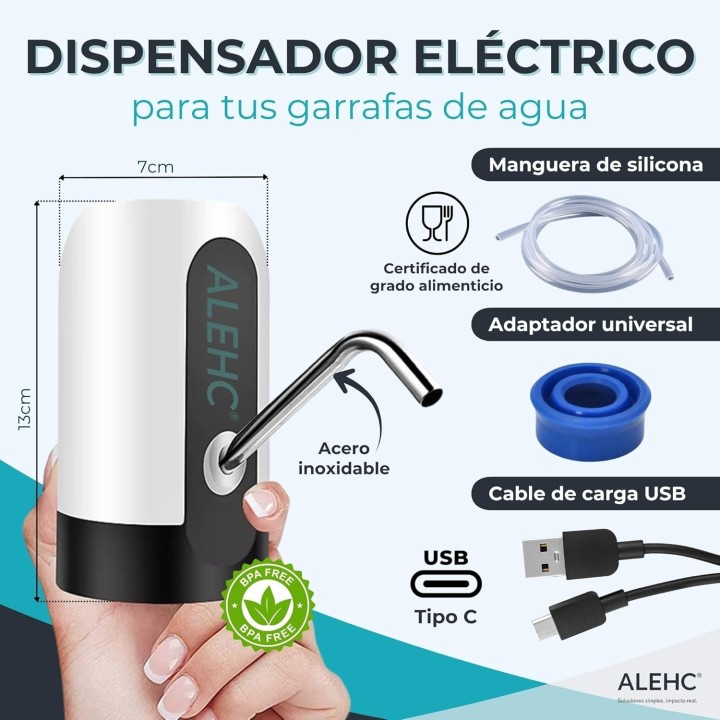 Alehc Dispensador de Agua USB-C Recargable, Portátil y Compatible 2L-20L para Hogar y Camping