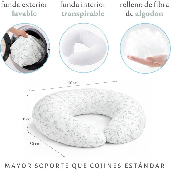 Cojin lactancia flores verdes ergonomico con 2 muselinas oeko tex funda lavable embarazo y bebe