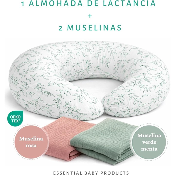 Cojin lactancia flores verdes ergonomico con 2 muselinas oeko tex funda lavable embarazo y bebe