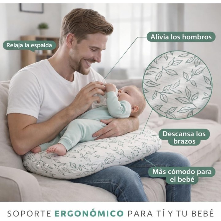 Cojin lactancia flores verdes ergonomico con 2 muselinas oeko tex funda lavable embarazo y bebe