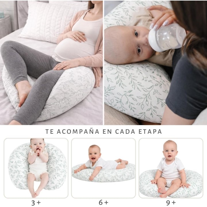 Cojin lactancia flores verdes ergonomico con 2 muselinas oeko tex funda lavable embarazo y bebe