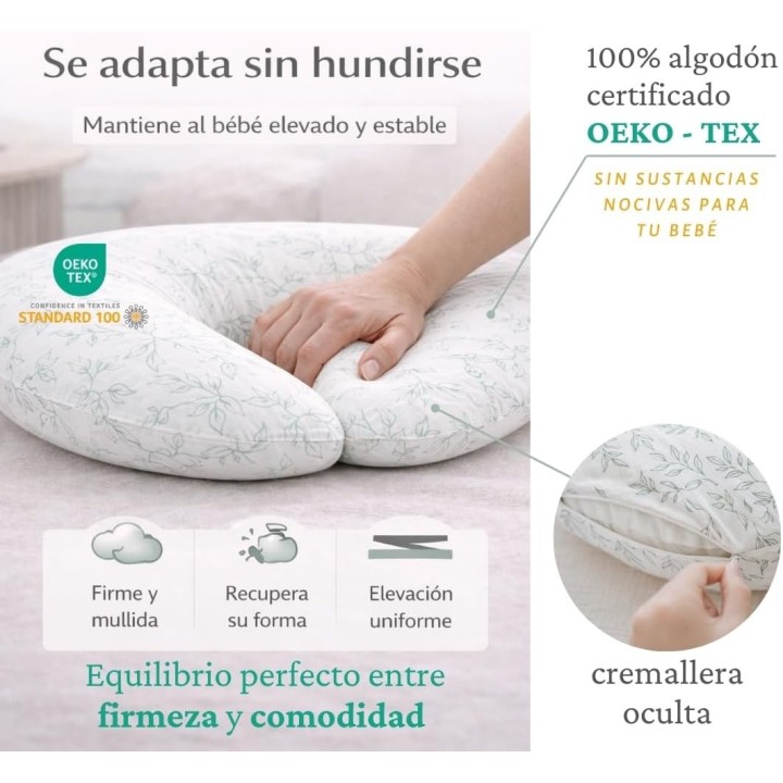 Cojin lactancia flores verdes ergonomico con 2 muselinas oeko tex funda lavable embarazo y bebe