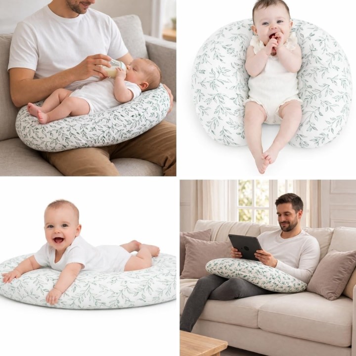 Cojin lactancia flores verdes ergonomico con 2 muselinas oeko tex funda lavable embarazo y bebe