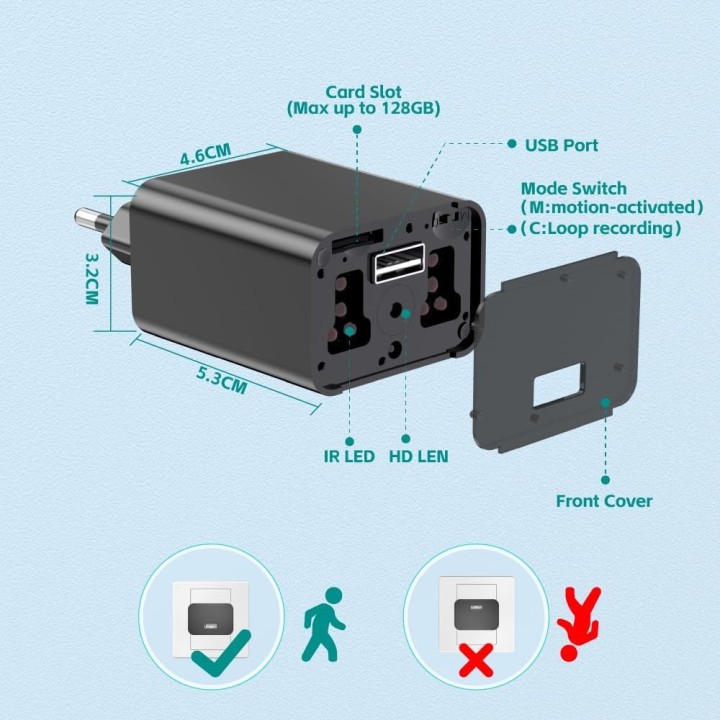 Uikop cámara espía oculta 64gb cargador usb 1080p detección movimiento visión nocturna