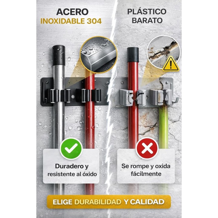 Brimak Colgador Escobas x2 Home Pro Acero Inoxidable 304 Antióxido Fuerte y Fácil Instalación