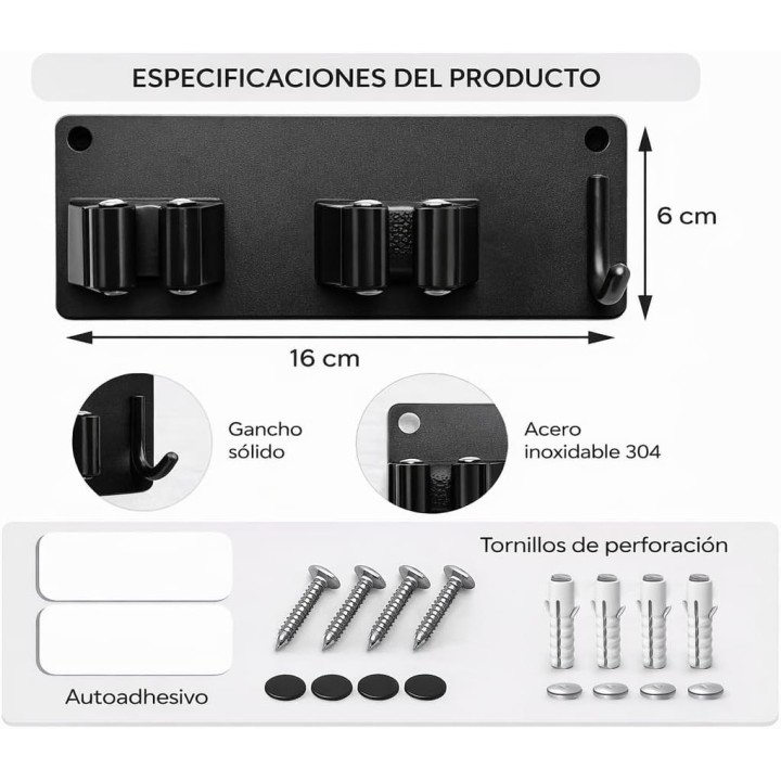 Brimak Colgador Escobas x2 Home Pro Acero Inoxidable 304 Antióxido Fuerte y Fácil Instalación