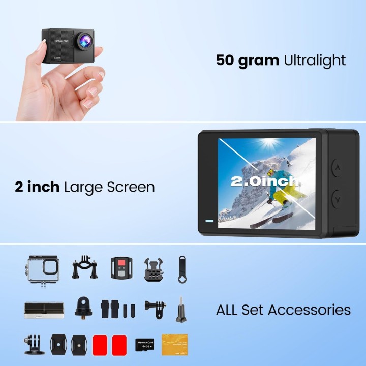 Camara Deportiva 4K60FPS Wifi  Sumergible 40M con Pantalla Táctil y Accesorios