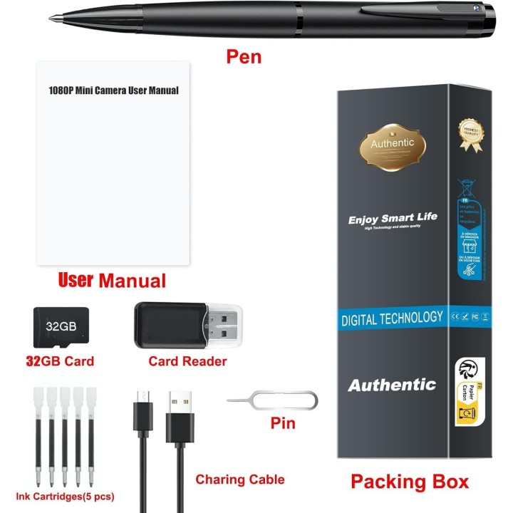 Sanprov  Cámara Espía Bolígrafo HD 1080P con 32GB Grabadora Oculta Portátil