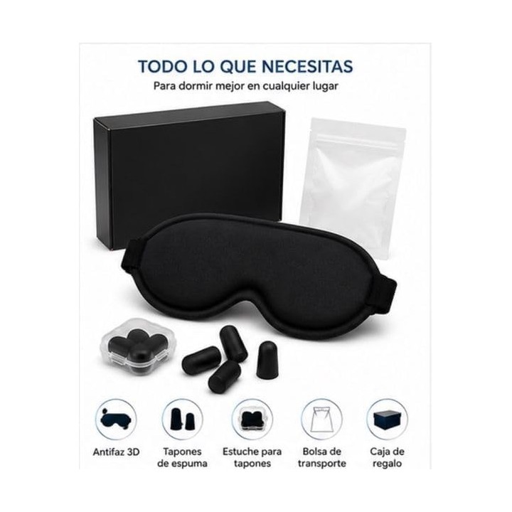 Kit Dormir 3D con antifaz y tapones reutilizables | Sueño profundo y viajes
