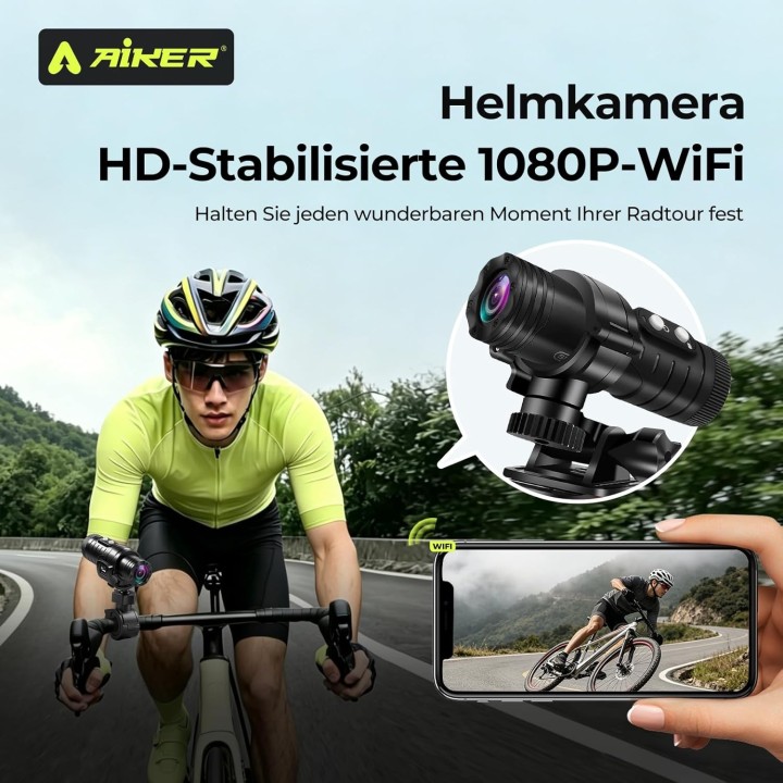 Aiker Cámara Moto WiFi 1080P HD IP66 Gran Angular y Estabilización para Casco