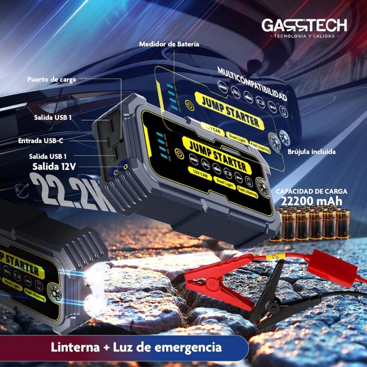 Garrtech Arrancador 8000A 12V Ultra Rápido Power Bank 20.000mAh con Linterna LED SOS