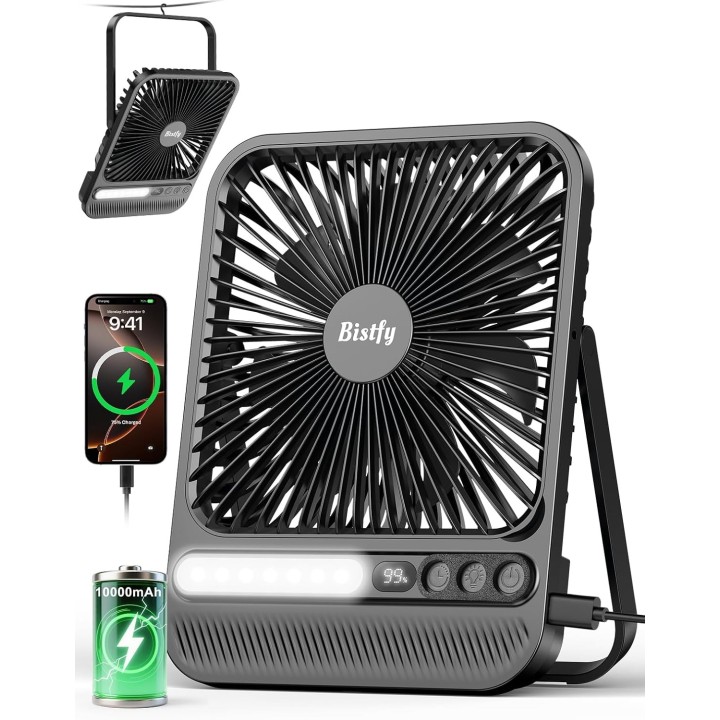 Bistfy Ventilador portátil plegable 10000mAh con luz LED, temporizador y gancho