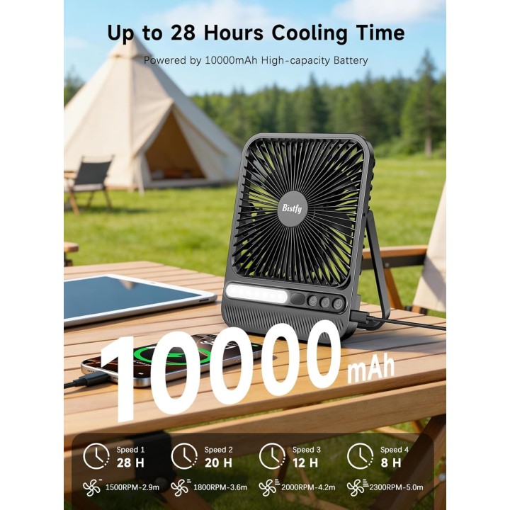 Bistfy Ventilador portátil plegable 10000mAh con luz LED, temporizador y gancho