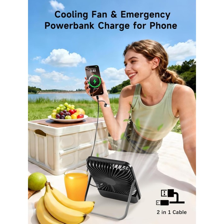 Bistfy Ventilador portátil plegable 10000mAh con luz LED, temporizador y gancho