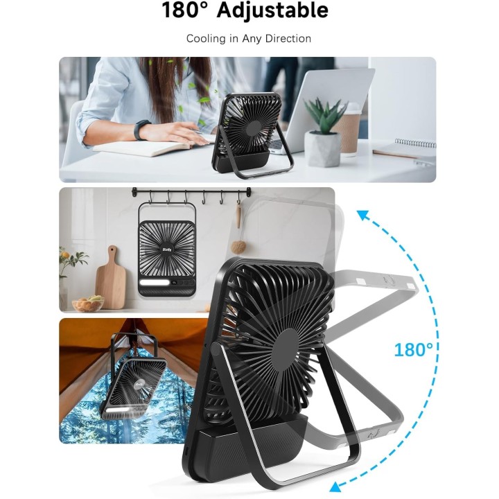 Bistfy Ventilador portátil plegable 10000mAh con luz LED, temporizador y gancho