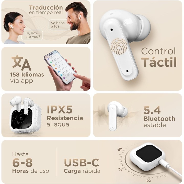 Traductor Auriculares IA 158 Idiomas con ANC, Pantalla Táctil y Limpiador