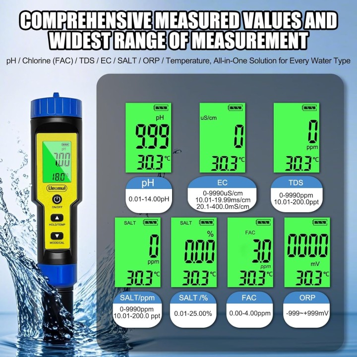 Ueomul Medidor 7 en 1 pH Cloro FAC TDS EC Sal ORP Temperatura IP67