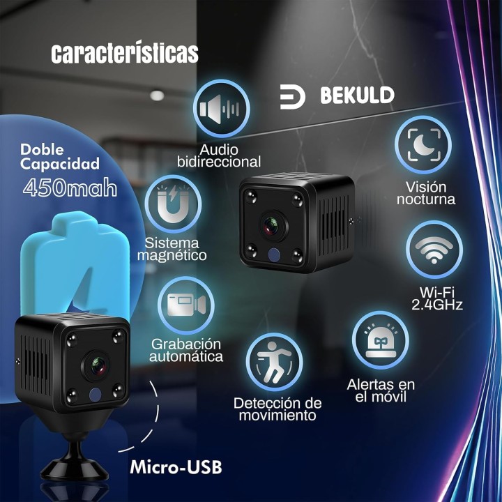 Bekuld Mini Cámara Espía 2K WiFi con visión nocturna y detección de movimiento