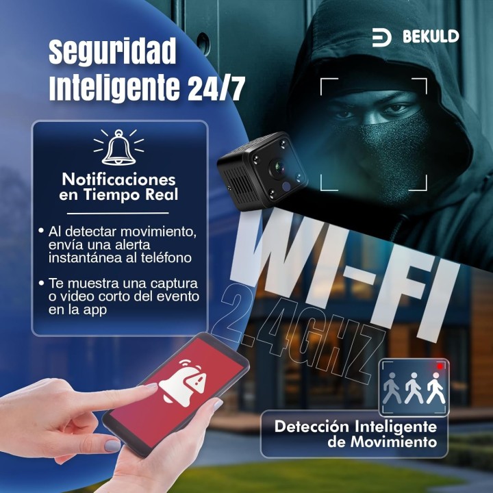 Bekuld Mini Cámara Espía 2K WiFi con visión nocturna y detección de movimiento