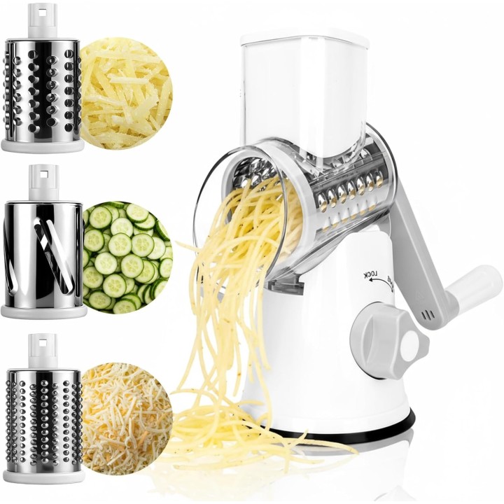 HyAdierTech Rallador de Queso Rotatorio Manual 🧀 3 Cuchillas 🔪 Mandolina con Manivela