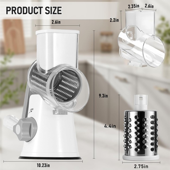 HyAdierTech Rallador de Queso Rotatorio Manual 🧀 3 Cuchillas 🔪 Mandolina con Manivela