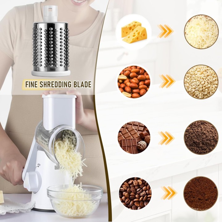 HyAdierTech Rallador de Queso Rotatorio Manual 🧀 3 Cuchillas 🔪 Mandolina con Manivela