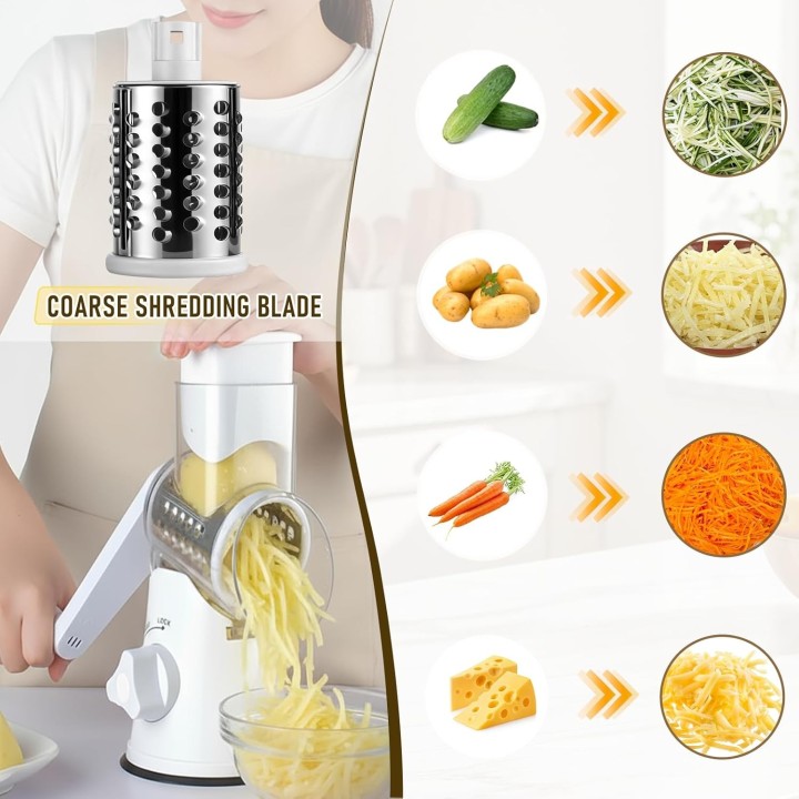 HyAdierTech Rallador de Queso Rotatorio Manual 🧀 3 Cuchillas 🔪 Mandolina con Manivela