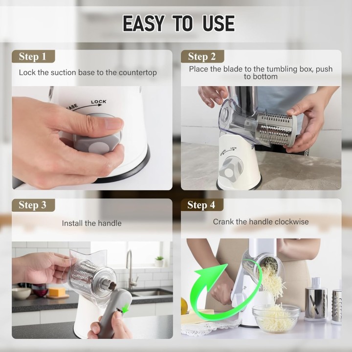 HyAdierTech Rallador de Queso Rotatorio Manual 🧀 3 Cuchillas 🔪 Mandolina con Manivela