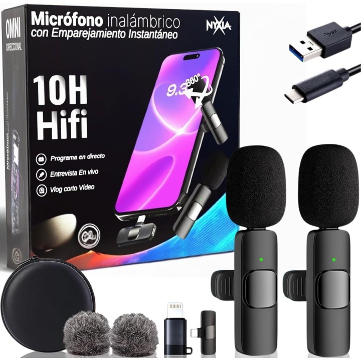 Nyxia microfono inalambrico 2 pack solapa wireless plug play iphone android pc sonido pro