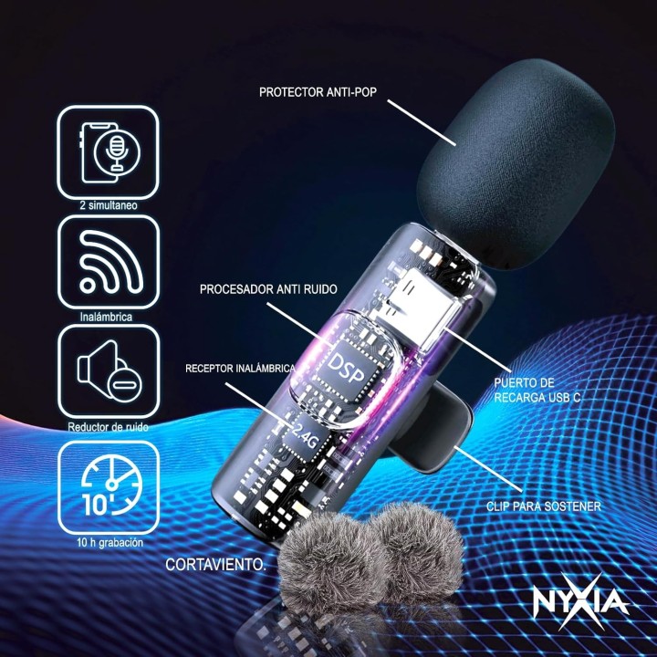 Nyxia microfono inalambrico 2 pack solapa wireless plug play iphone android pc sonido pro
