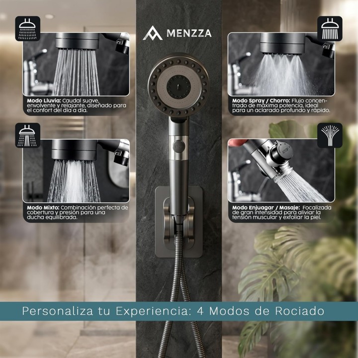 Menzza Alcachofa de ducha Alta Presión 4 en 1 con Filtro 15 Etapas, Manguera 1,5 m y 3 Filtros
