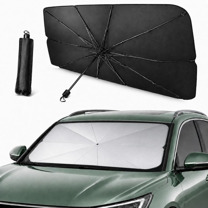 AlfaHome Parasol Coche Delantero Paraguas Plegable con Funda | Protección UV y Menos Calor