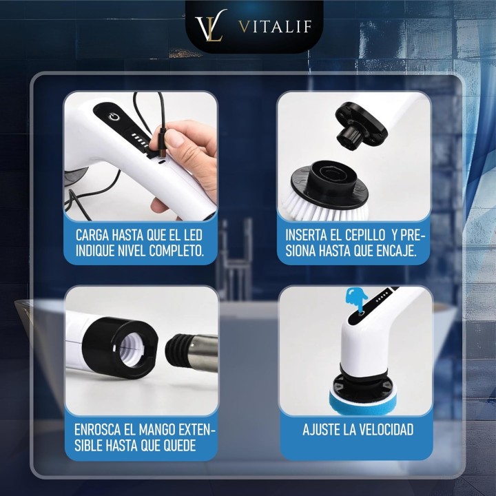 Vitalif Cepillo eléctrico limpieza hogar 12 Cabezales 25W IPX6 USB-C 2600mAh