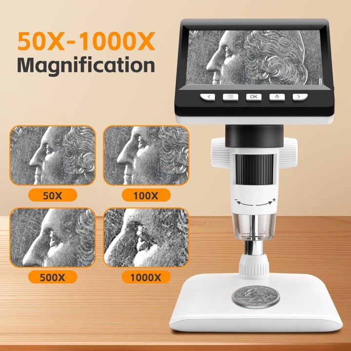 GlobalCrown Microscopio digital portátil 50-1000X con pantalla IPS HD de 4,3" y conexión USB