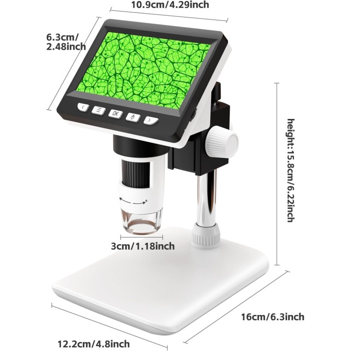 GlobalCrown Microscopio digital portátil 50-1000X con pantalla IPS HD de 4,3" y conexión USB