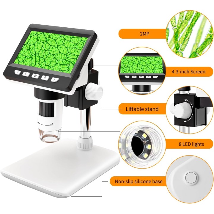 GlobalCrown Microscopio digital portátil 50-1000X con pantalla IPS HD de 4,3" y conexión USB