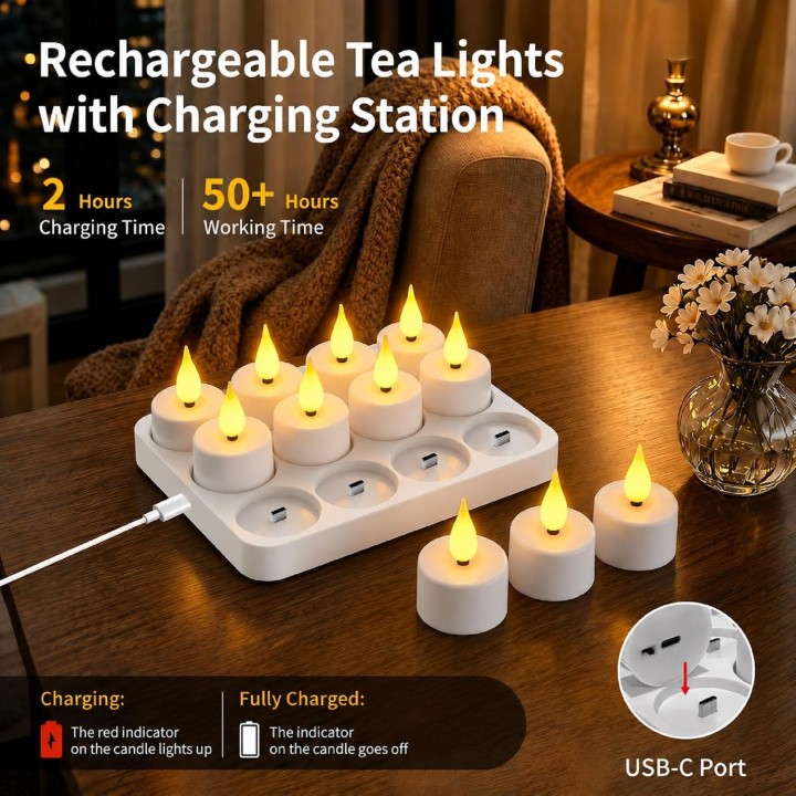Sylvwin Velas LED Recargables 12 Unidades con Mando a Distancia Temporizador y Base de Carga