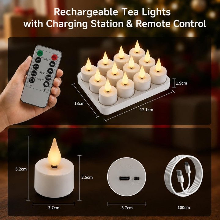 Sylvwin Velas LED Recargables 12 Unidades con Mando a Distancia Temporizador y Base de Carga