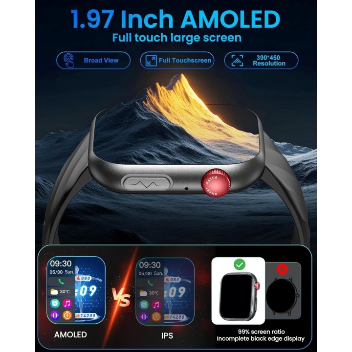 Taoloon Smartwatch Hombre AMOLED 1,97" ECG HRV Llamadas Bluetooth Presión Arterial iOS Android