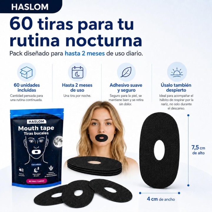 Haslom  Tiras bucales para Dormir Negras con Orificio 60 Unidades Adhesivo Hipoalergénico