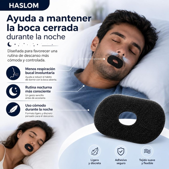 Haslom  Tiras bucales para Dormir Negras con Orificio 60 Unidades Adhesivo Hipoalergénico