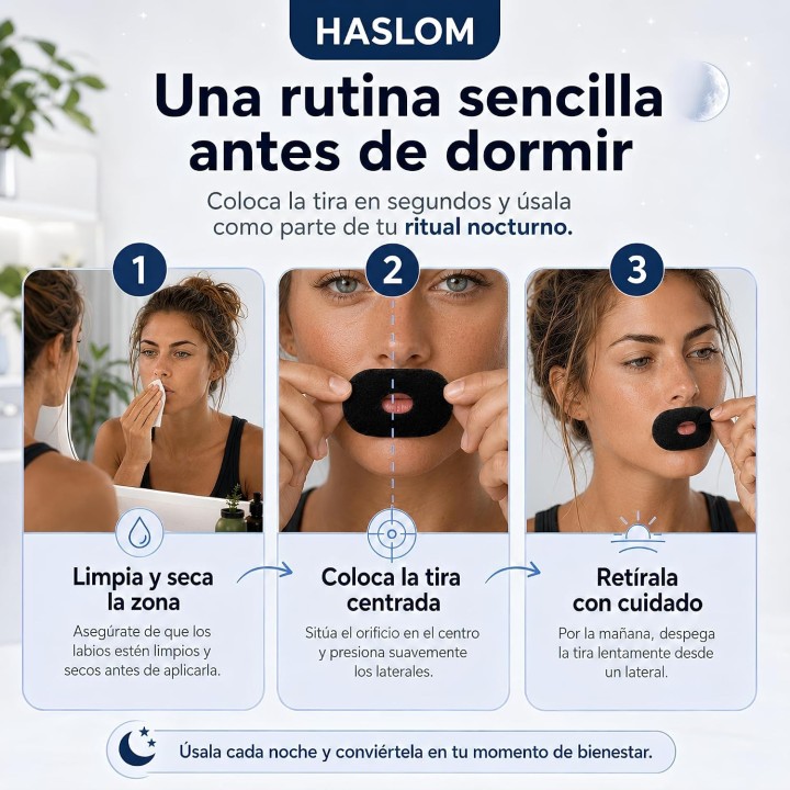 Haslom  Tiras bucales para Dormir Negras con Orificio 60 Unidades Adhesivo Hipoalergénico