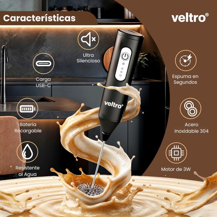Veltro Espumador de Leche Eléctrico USB-C 24000 RPM con 2 Varillas Acero Inoxidable